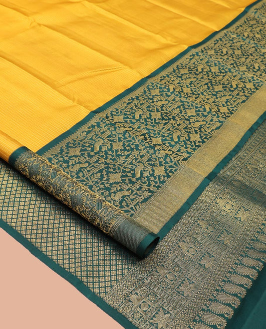 Yellow Micro-Checked Kanchipuram Silk Saree, Complemented by a Contrast Korvai Paithani-Style Border, Grand Jaal Pallu, and Contrast Blouse