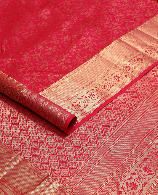 Red jaal design kancheepuram silk saree  with self border of rekku, muthu, banras, kodi visiry design & zari design pallu