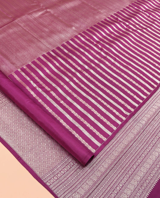 Borderless Purple Vasundhara Silk Saree, Styled with Vanki and Zari Stripes, Highlighted by a Grand Pallu, and Matching Blouse