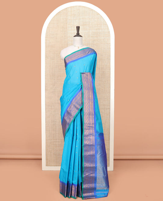 Blue Gadwal Saree Embellished with Zari Buttas, Featuring a Contrast Traditional Motifs Woven Border, Jaal Design Pallu, Along with a Complementing Contrast Zari Bordered Blouse