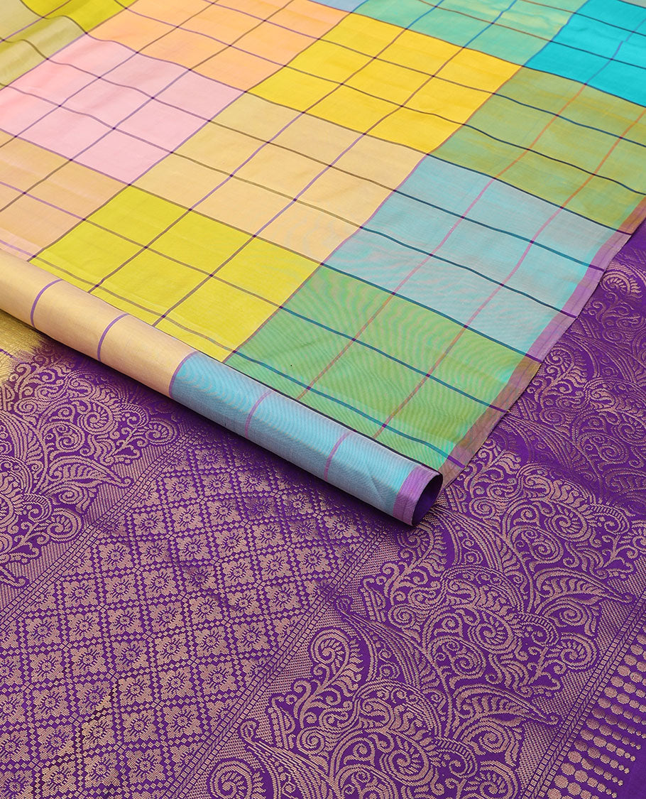 Borderless multi-color checked mayuri soft silk saree with argyle design pallu
