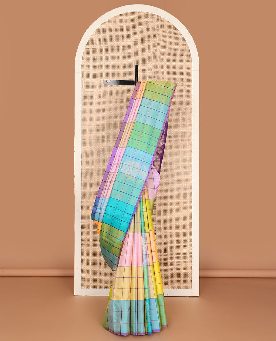 Borderless multi-color checked mayuri soft silk saree with argyle design pallu