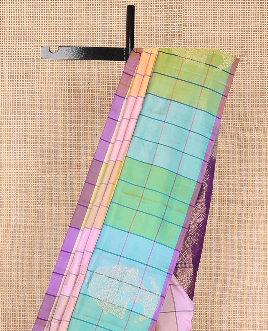 Borderless multi-color checked mayuri soft silk saree with argyle design pallu
