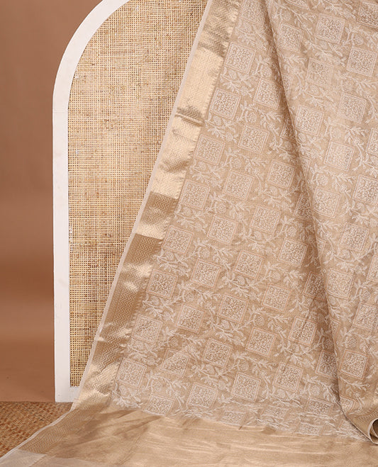 Cream thread embroidery tissue silk saree with jacquard border & lining pallu along with zari vertical lining pallu
