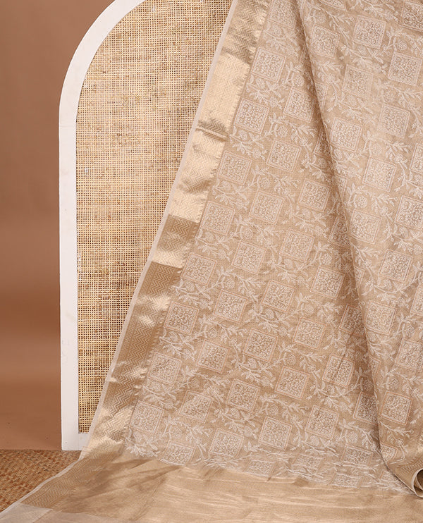 Cream thread embroidery tissue silk saree with jacquard border & lining pallu along with zari vertical lining pallu
