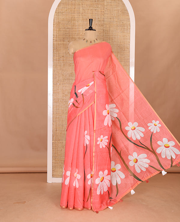 Borderless pink floral design chanderi cotton saree , floral vine printed pallu and small floral printed blouse