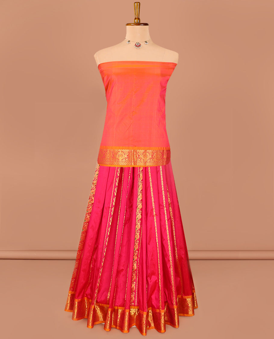 Pink Pure Silk Half-Saree Embellished with Manga Designs on Its Skirt, Complemented by a Contrast Border Zari Designs, Comes with a Contrast Blouse and a Dhavani of Mang and Leaf Designs