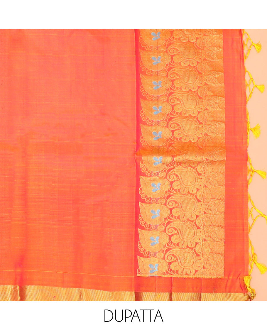 Pink Pure Silk Half-Saree Embellished with Manga Designs on Its Skirt, Complemented by a Contrast Border Zari Designs, Comes with a Contrast Blouse and a Dhavani of Mang and Leaf Designs