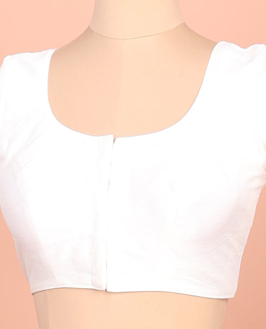 White plain front-back round neck elbow-sleeve readymade blouse