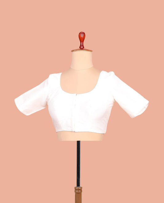 White plain front-back round neck elbow-sleeve readymade blouse