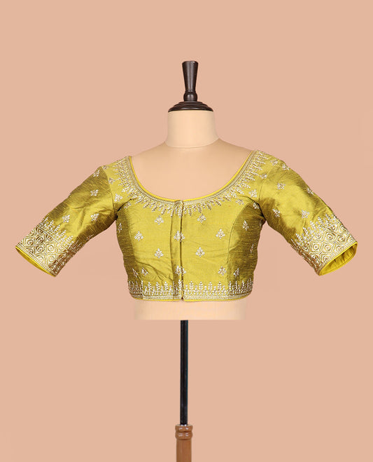 Green thread embroidered front-and-back round elbow-sleeve readymade blouse