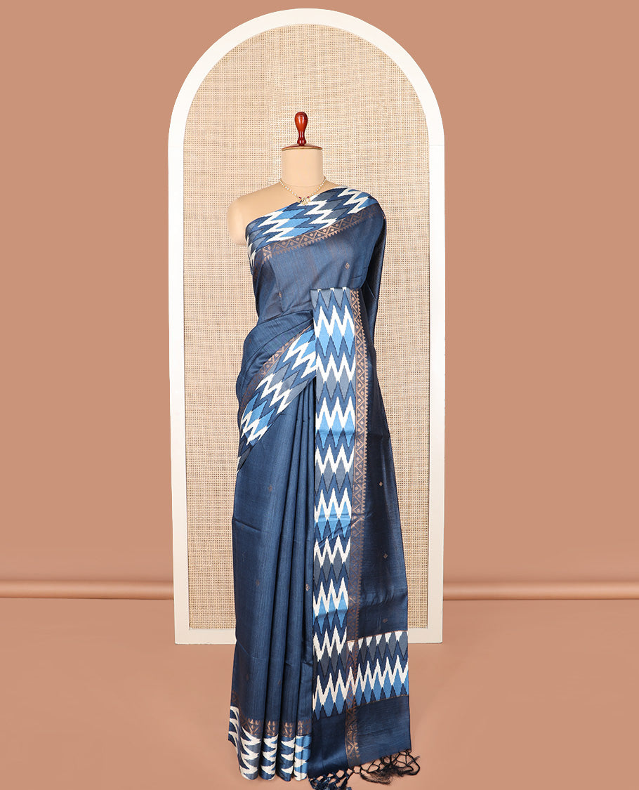 Blue zari buttas tussar silk saree, contrast traditional design with ikkat design border, and self-pallu