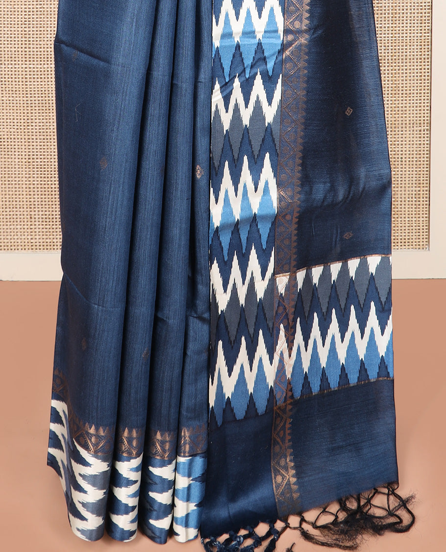 Blue zari buttas tussar silk saree, contrast traditional design with ikkat design border, and self-pallu