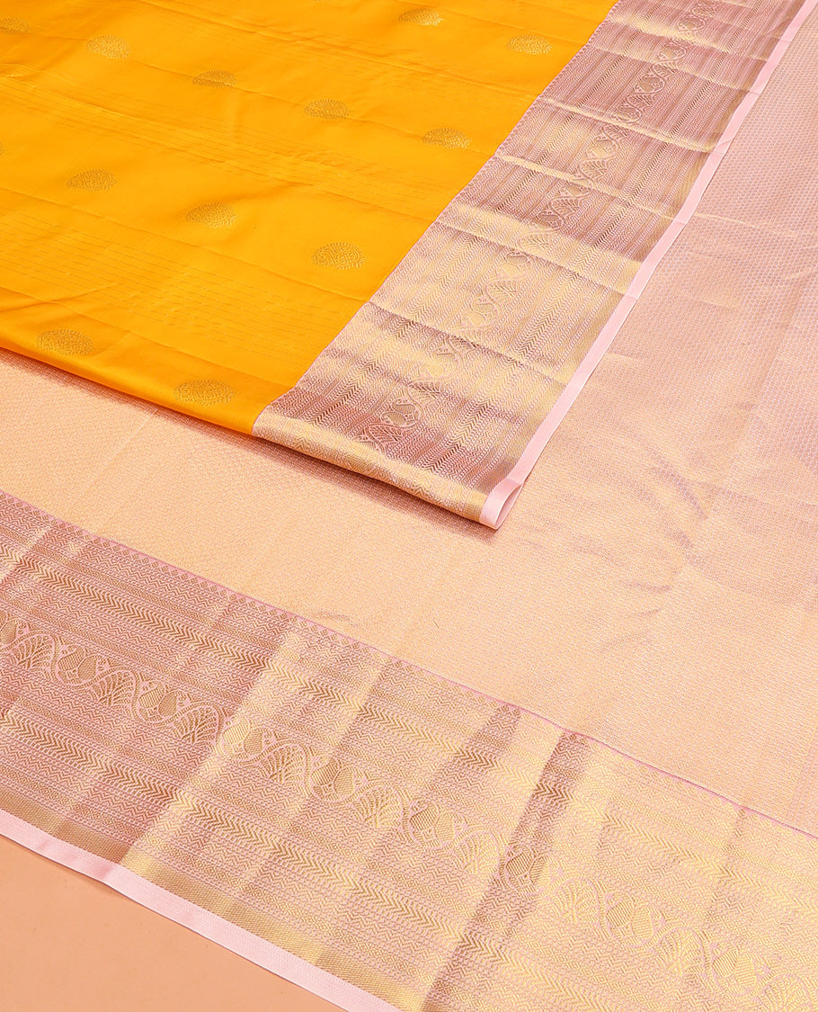 Orange Vasundhara Lite Silk Mix Saree Enhanced with Round Mayil Buttas, Featuring a Contrast Maroon Border of Neli, Kathir, Manga, and Mayil Kann, Pallu Elevated with Zari Designs, and a Contrast Border