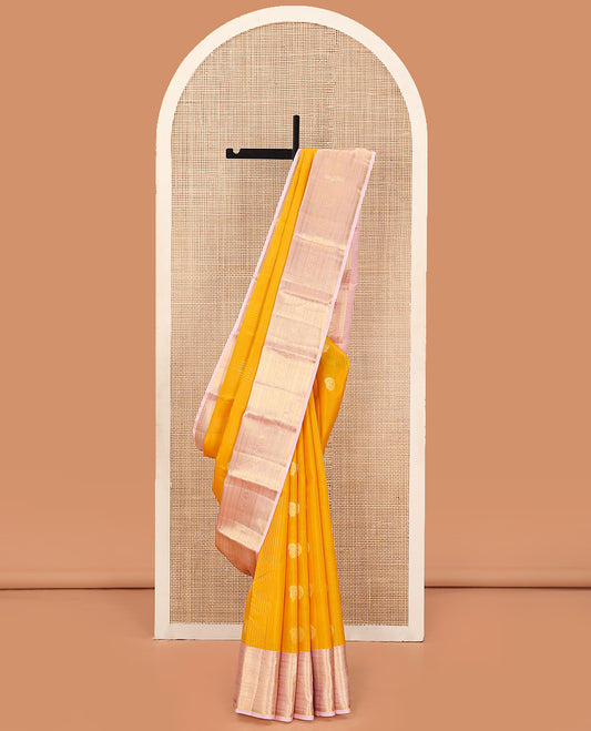 Orange Vasundhara Lite Silk Mix Saree Enhanced with Round Mayil Buttas, Featuring a Contrast Maroon Border of Neli, Kathir, Manga, and Mayil Kann, Pallu Elevated with Zari Designs, and a Contrast Border