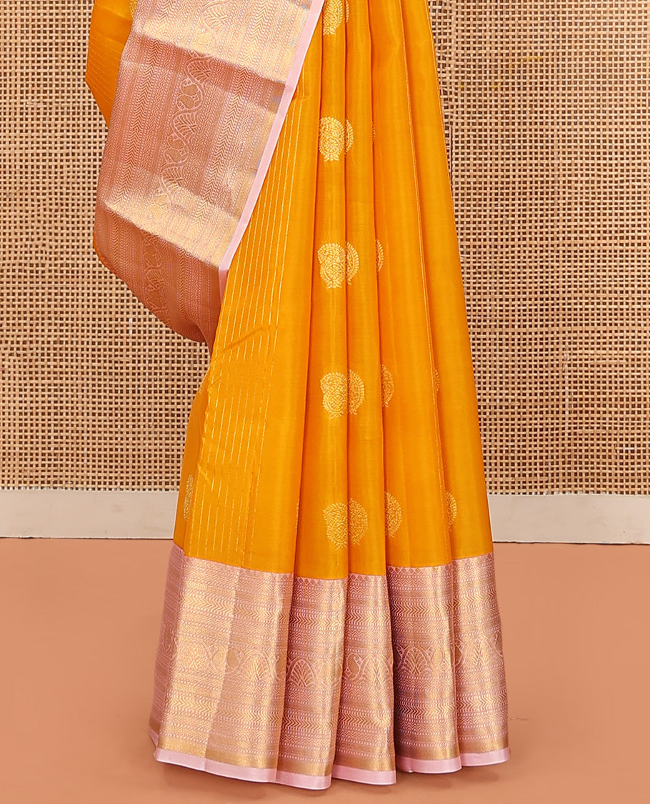 Orange Vasundhara Lite Silk Mix Saree Enhanced with Round Mayil Buttas, Featuring a Contrast Maroon Border of Neli, Kathir, Manga, and Mayil Kann, Pallu Elevated with Zari Designs, and a Contrast Border