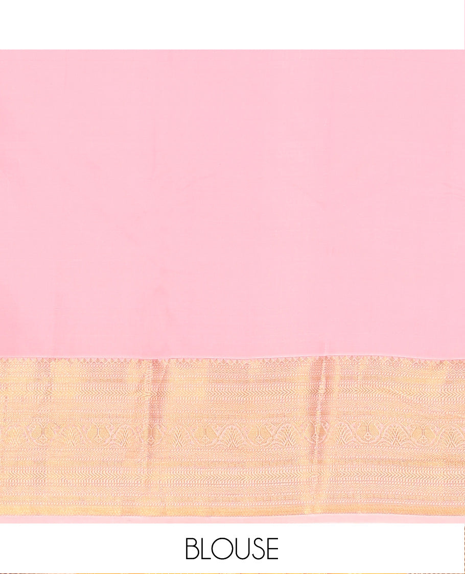 Orange Vasundhara Lite Silk Mix Saree Enhanced with Round Mayil Buttas, Featuring a Contrast Maroon Border of Neli, Kathir, Manga, and Mayil Kann, Pallu Elevated with Zari Designs, and a Contrast Border