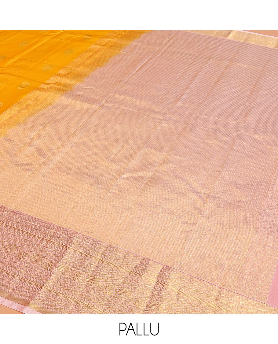 Orange Vasundhara Lite Silk Mix Saree Enhanced with Round Mayil Buttas, Featuring a Contrast Maroon Border of Neli, Kathir, Manga, and Mayil Kann, Pallu Elevated with Zari Designs, and a Contrast Border