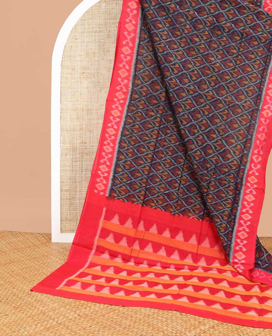 Black floral ogee design ikkat cotton saree with contrast floral design border & geometric design pallu
