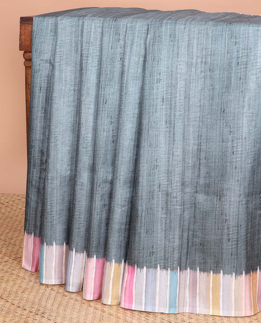 Green semi-banaras tussar saree with contrast striped border & multi-colored striped pallu