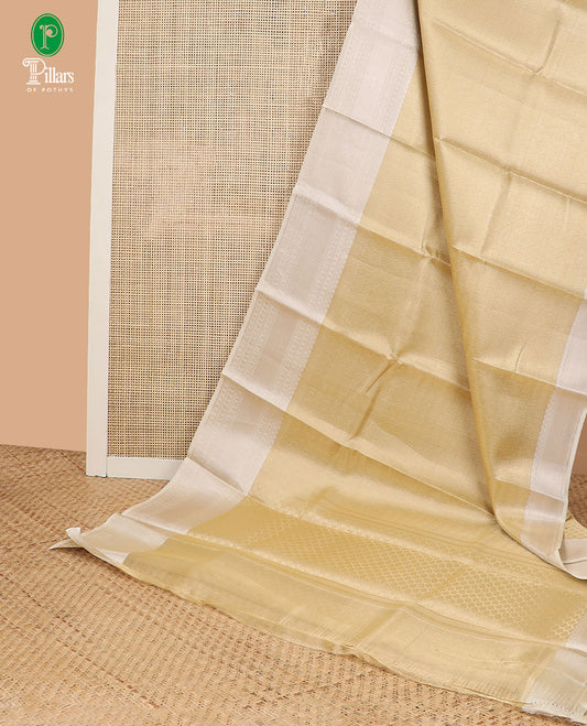 Gold with cream brocade zari weaving design banaras kora tissue saree with contrast zari jacquard border & rich pallu along with brocade blouse