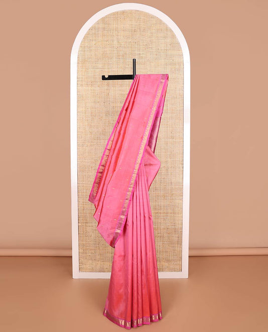 Baby pink buttas kancheepuram silk saree with contrast temple border & floral jaal design pallu