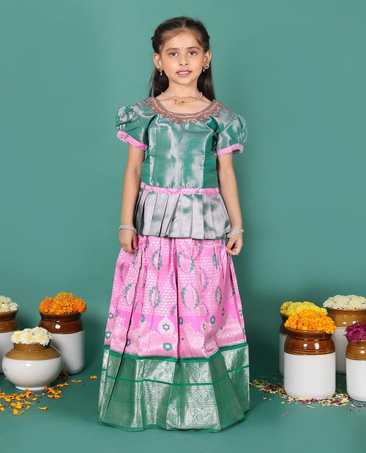 Pink art silk readymade pavadai set, jacquard with contrast traditional zari border skirt, and contrast round neck embroidered puff-sleeve blouse