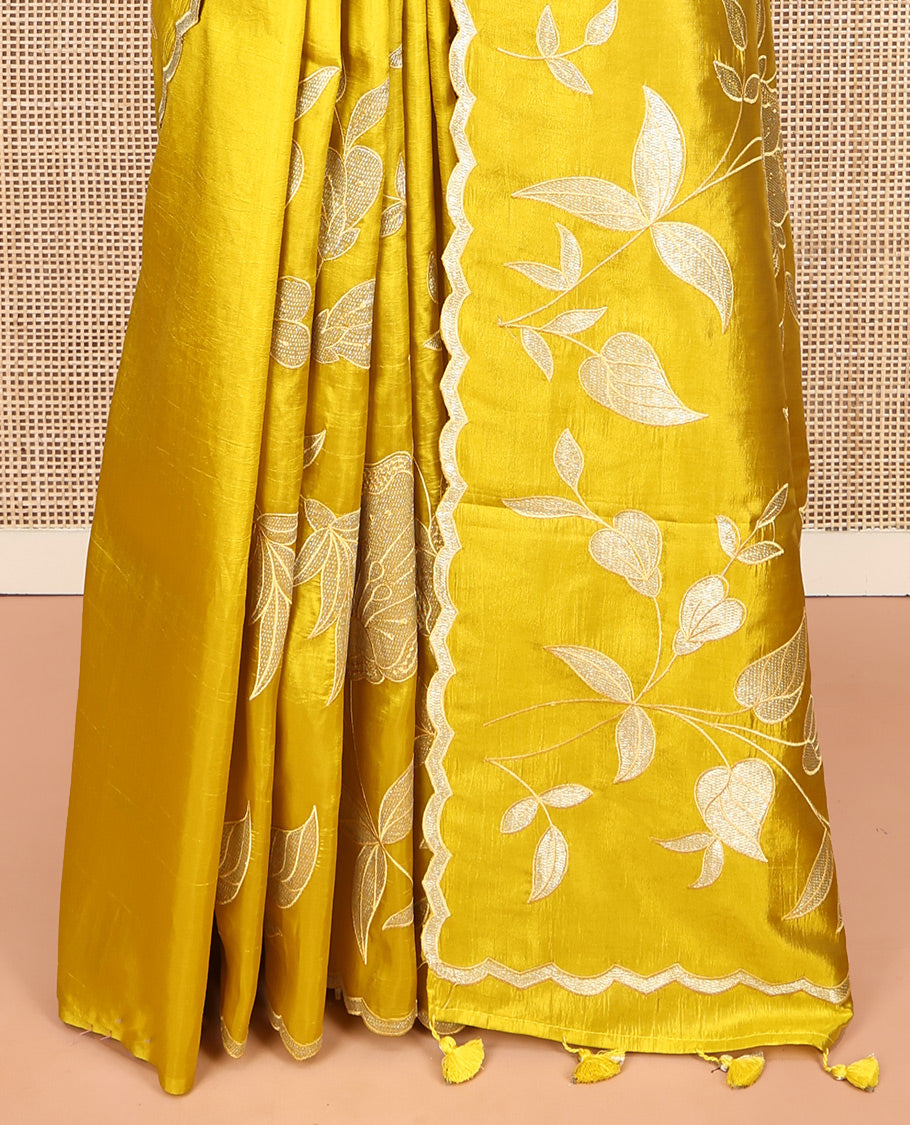 Mustard Yellow Dupion Silk Saree, Delicately Decked Up with Floral-Leaf Vine Embroidered On Its Body, Subtle Scallop Border, Artfully Floral Embroidered Pallu, and Paired with a Plain Blouse