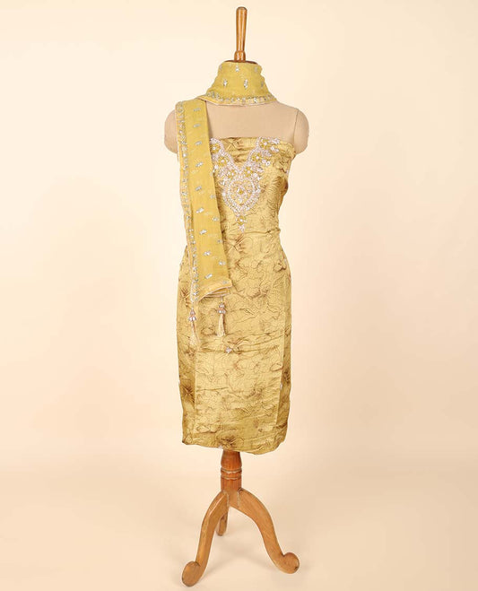 Yellow material chudidhar set, floral print & embroidered top, plain bottom & embroidered dupatta