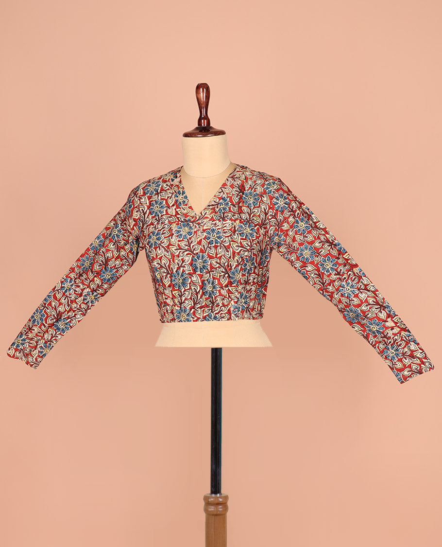 Red Readymade Blouse Gracefully Printed with Floral Motifs, Featuring a Front V-Neck, a Back Closed Neck, and Full Sleeves