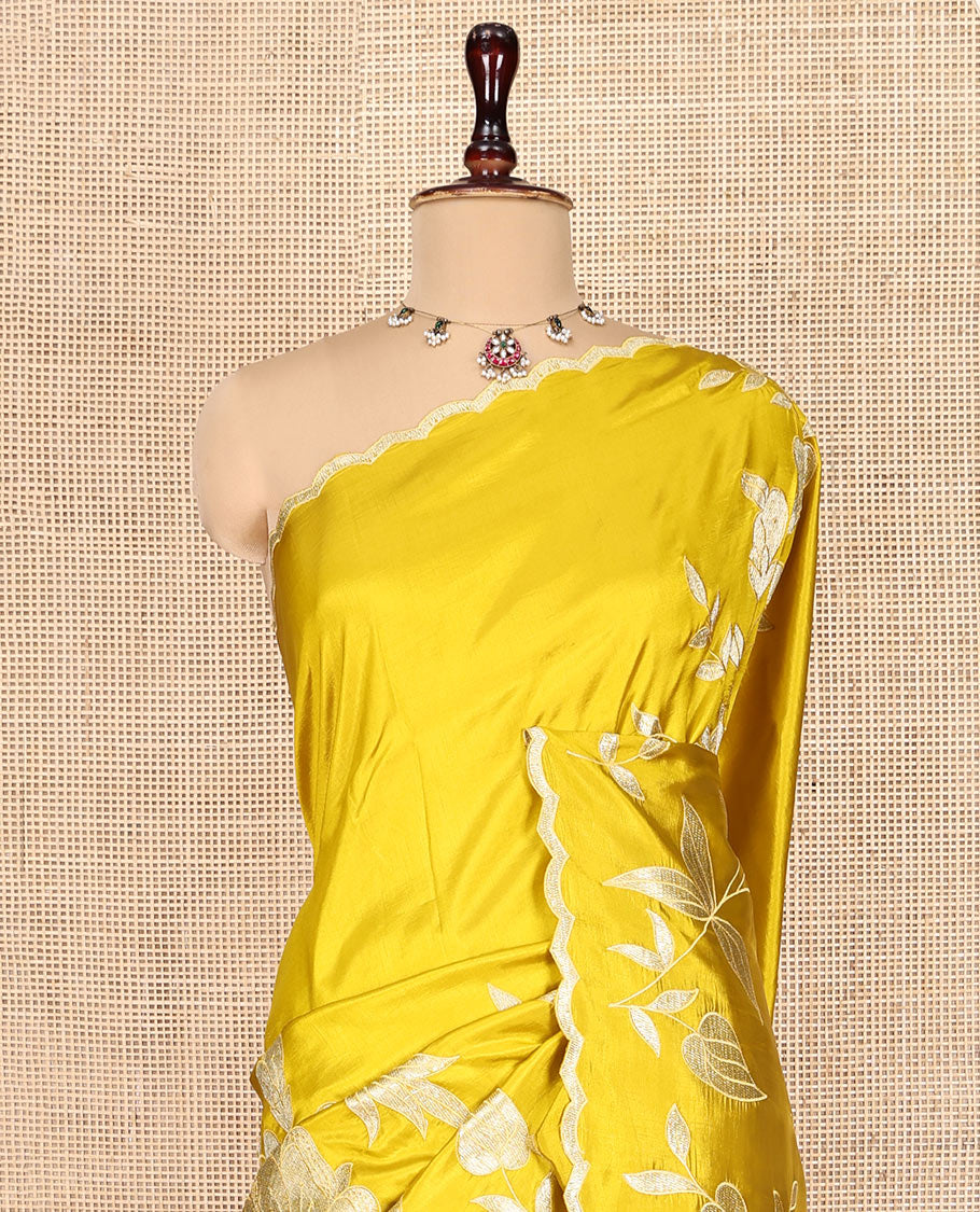 Mustard Yellow Dupion Silk Saree, Delicately Decked Up with Floral-Leaf Vine Embroidered On Its Body, Subtle Scallop Border, Artfully Floral Embroidered Pallu, and Paired with a Plain Blouse