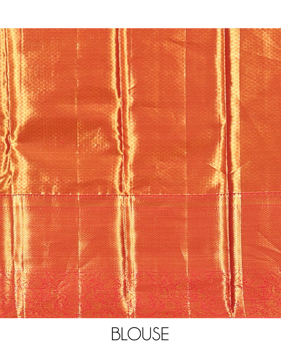 Red Kanchipuram Tissue Silk Saree, Opulently Embellished with Jacquard Design, Complemented by Contrast Border of Kathir, Mayil Kann, and Mayil, Grand Pallu, and Contrast Blouse