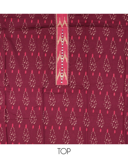 Wine Cotton Material Chudidar Set, Subtly Sparkled with Ikkat-Style Buttas on Its Top, a Plain Cotton  Bottom, and Paired with a Cotton Ikkat Woven Dupatta