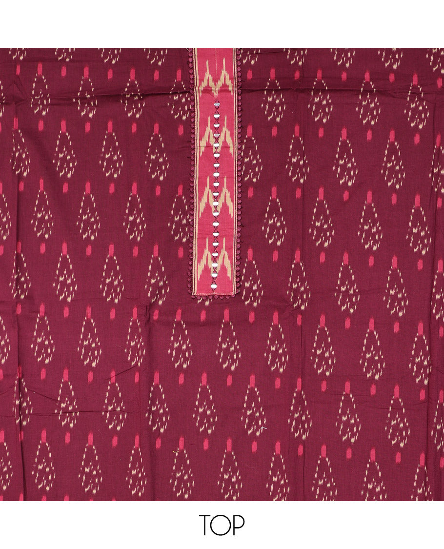 Wine Cotton Material Chudidar Set, Subtly Sparkled with Ikkat-Style Buttas on Its Top, a Plain Cotton  Bottom, and Paired with a Cotton Ikkat Woven Dupatta