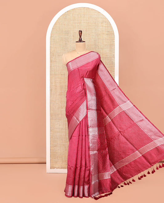 Red Banana Pith Saree, Elevated with Zari Stripes All Over Its Body, Highlighted by Temple Border of Jaal Designs, Subtly Striped Pallu, and Paired with a Matching Blouse