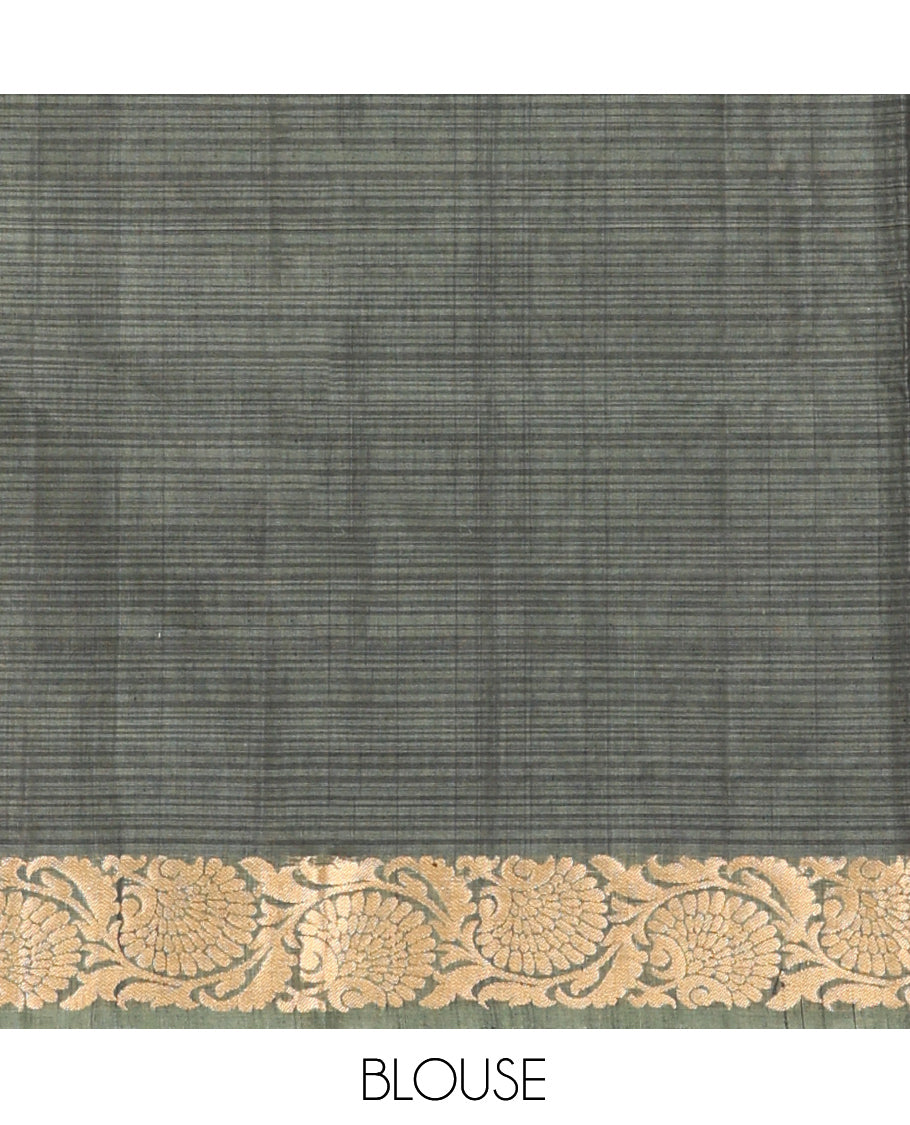 Green Silk Cotton Saree, Woven with Zari Buttas, a Contrast Floral Creeper Border, Grand Pallu, and a Contrast Blouse