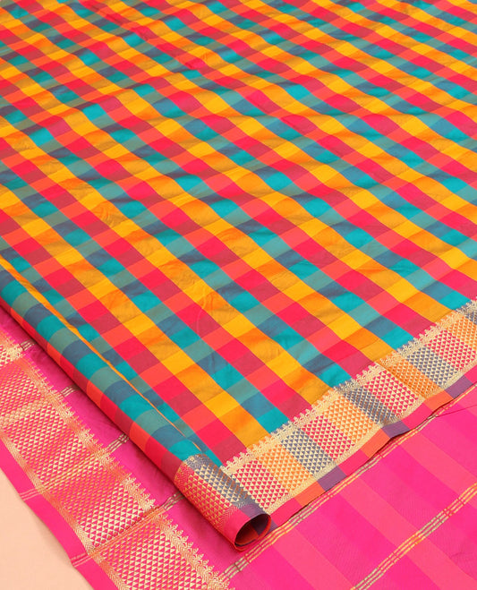 Multi-Color Palum Pazhamum Checked Nine-Yard Saree, Highlighted by a Ara Maadam Border, Contrast Pallu of Stripes, and No Blouse