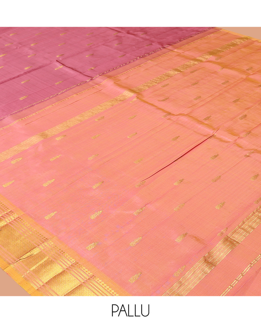 Pink Kanchipuram Silk Saree, Decked Up with Zari Buttas, Complemented by a Contrast Border of Panner Sombu, Banaras, Muthu, and Mayil Kann Design, Pallu of Zari Design, and No Blouse