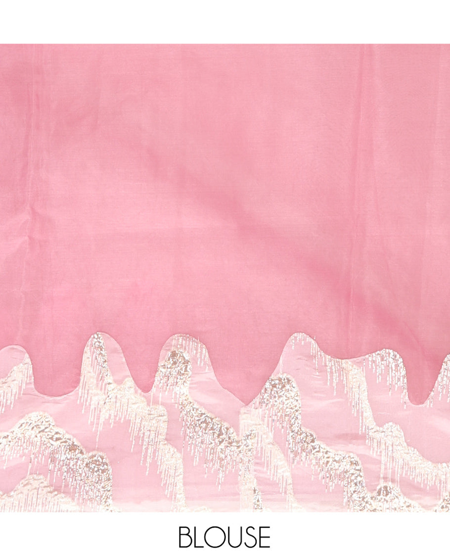 Pink Plain Organza Saree, Complemented by a Contrasting Gleaming Golden-Foil Floral Embroidery Border and a Matching Blouse