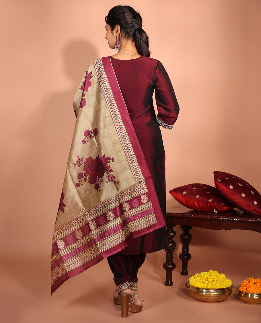 Maroon Vichitra Silk Readymade Suit