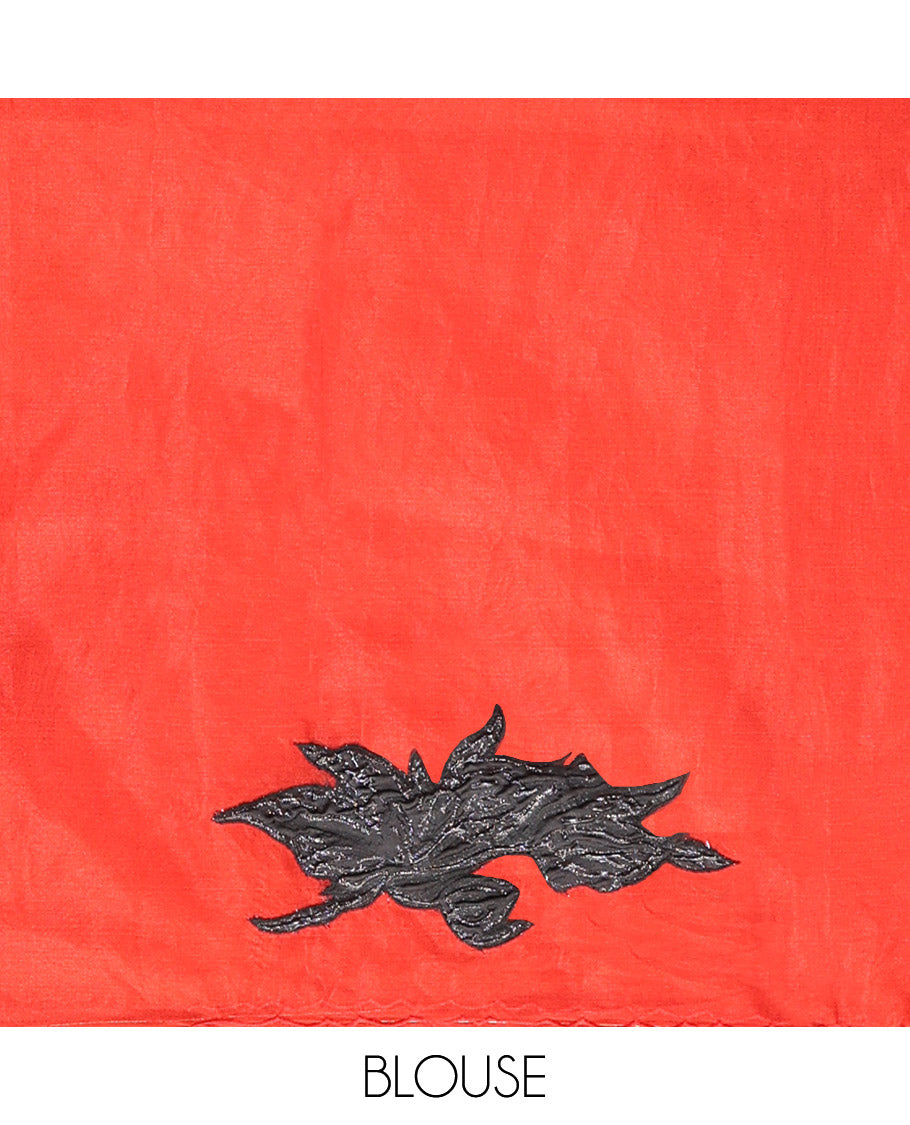 Red Turkey Organza Saree Depicting Floral Applique Embroidery, a Scallop Border, Matching Blouse