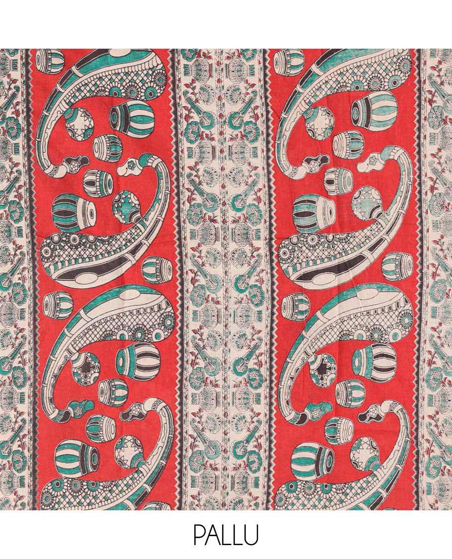 Blue Kalamkari Cotton Saree, Adorned with Floral Vine Print, Contrast Printed Border, Kalamkari Musical Instrument Motifs Pallu, and a Contrast Blouse