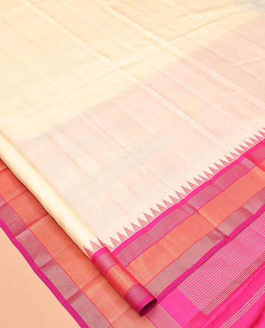 Cream-Striped Bangalore Silk Saree, Complemented by a Contrast Temple Ganga-Jamuna Border, Pallu of Temple and Neli Designs, and a Contrast Blouse