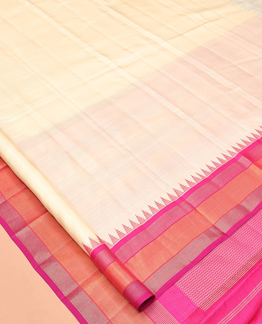 Cream-Striped Bangalore Silk Saree, Complemented by a Contrast Temple Ganga-Jamuna Border, Pallu of Temple and Neli Designs, and a Contrast Blouse