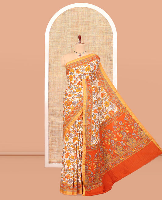 Cream-Base Printed Silk Saree Featuring Floral Vine Print, a Contrast Floral Printed Zari Border, Printed Pallu, and a Contrast Blouse