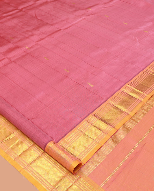 Pink Kanchipuram Silk Saree, Decked Up with Zari Buttas, Complemented by a Contrast Border of Panner Sombu, Banaras, Muthu, and Mayil Kann Design, Pallu of Zari Design, and No Blouse