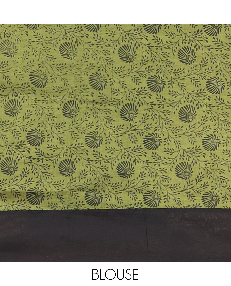 Black Plain Poly Cotton Saree, Complemented by a Contrast Floral-Printed Border, Pallu, and a Contrast Blouse