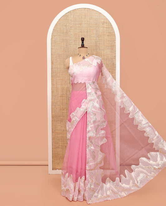 Pink Plain Organza Saree, Complemented by a Contrasting Gleaming Golden-Foil Floral Embroidery Border and a Matching Blouse