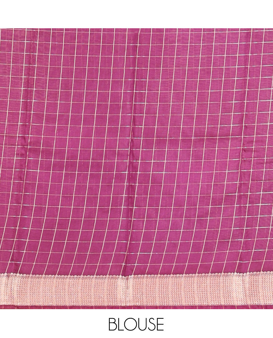 Purple Assam Silk Saree, Delicately Woven with Checks, Highlighted by a Traditional Border, a Self-Pallu, and a Matching Blouse