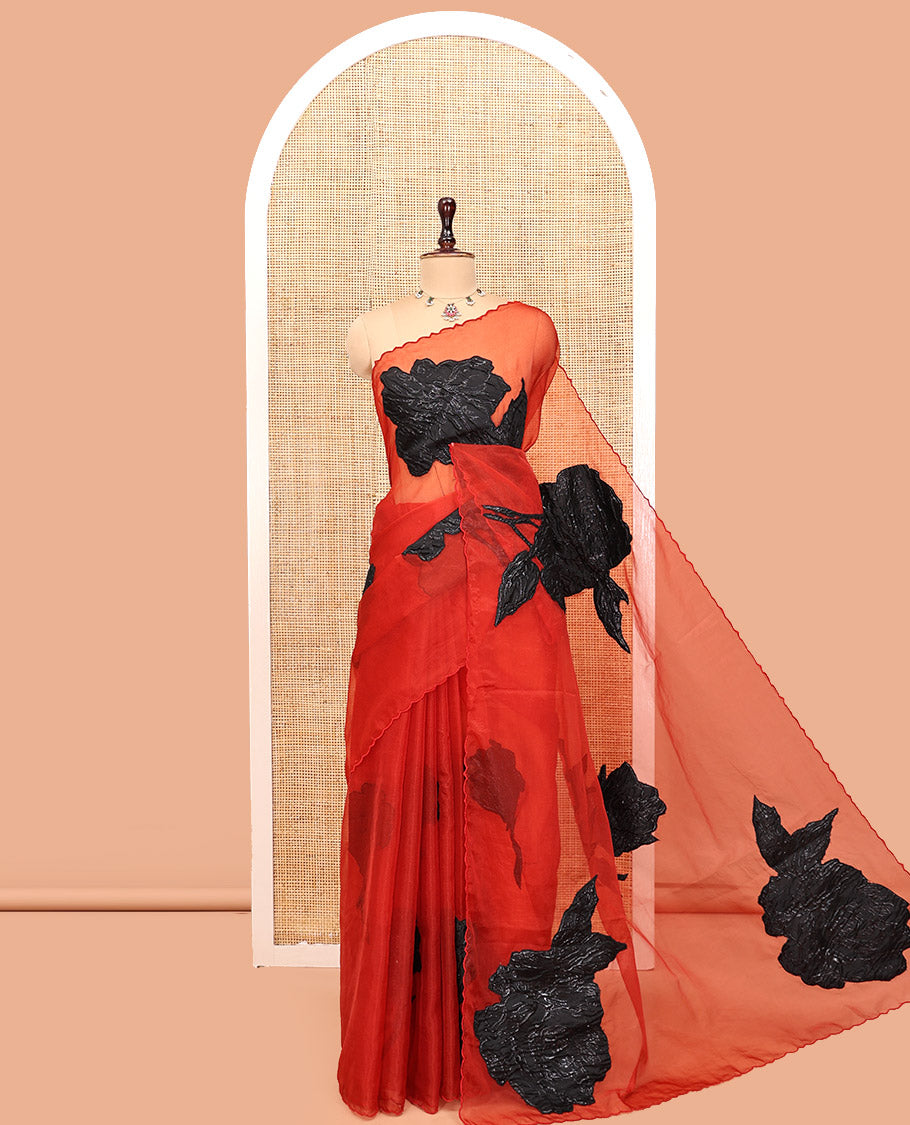 Red Turkey Organza Saree Depicting Floral Applique Embroidery, a Scallop Border, Matching Blouse